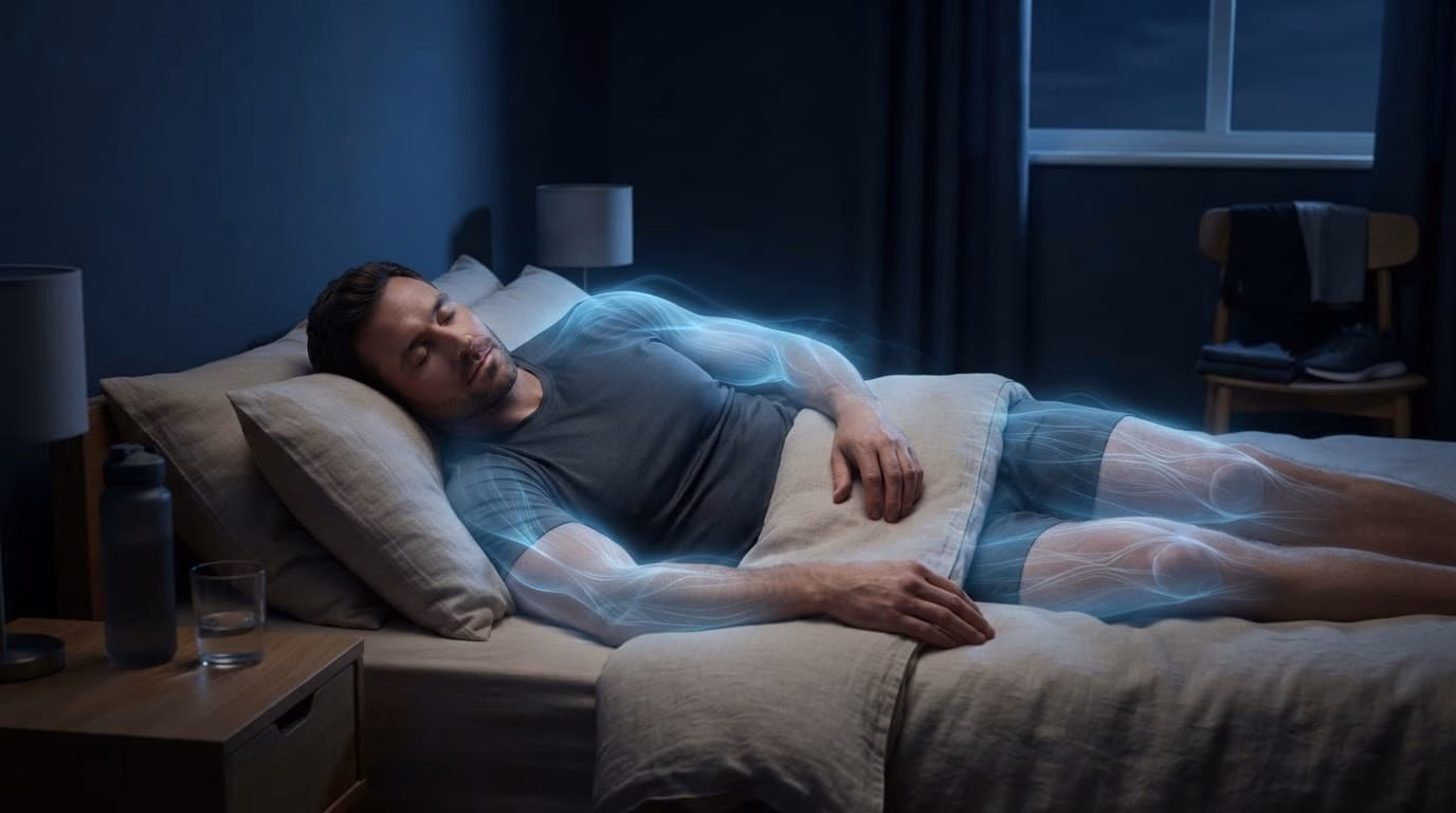 A sleeping trainee rests in bed with soft blue light around the body.