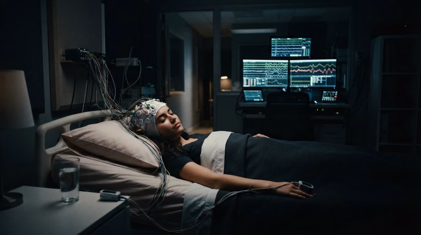 A patient wearing an EEG cap rests in a monitored sleep clinic bed.