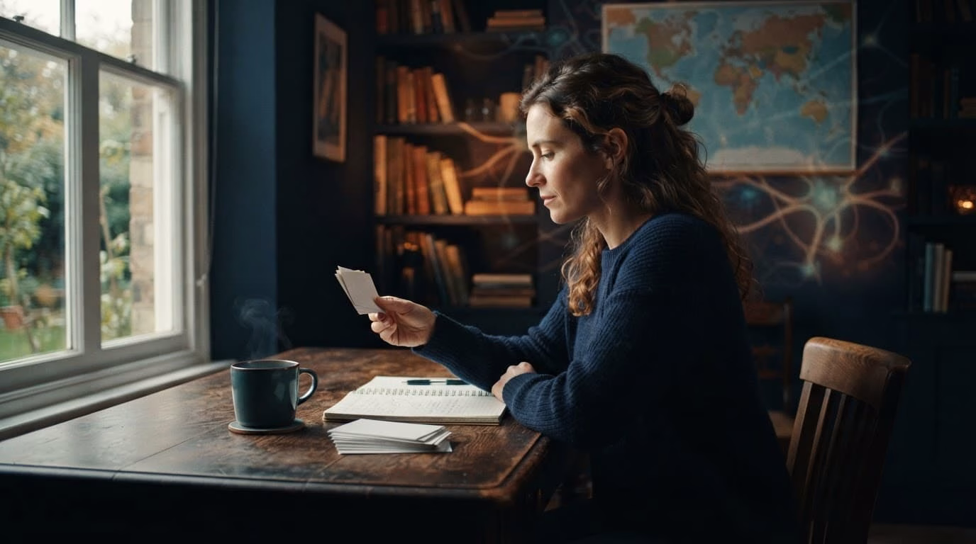 Adult learner reviewing flashcards beside a notebook and tea at a sunlit desk.