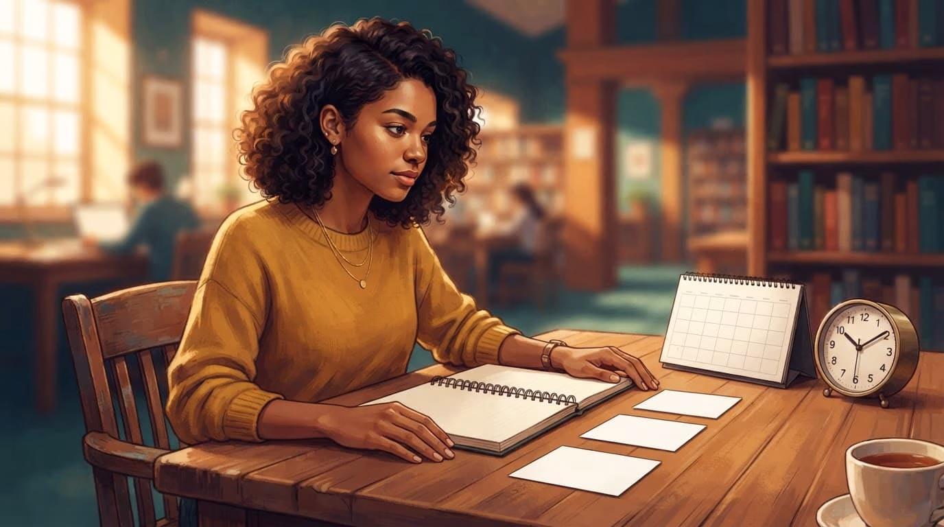 A student plans study time with blank cards, a calendar, notebook, and clock.