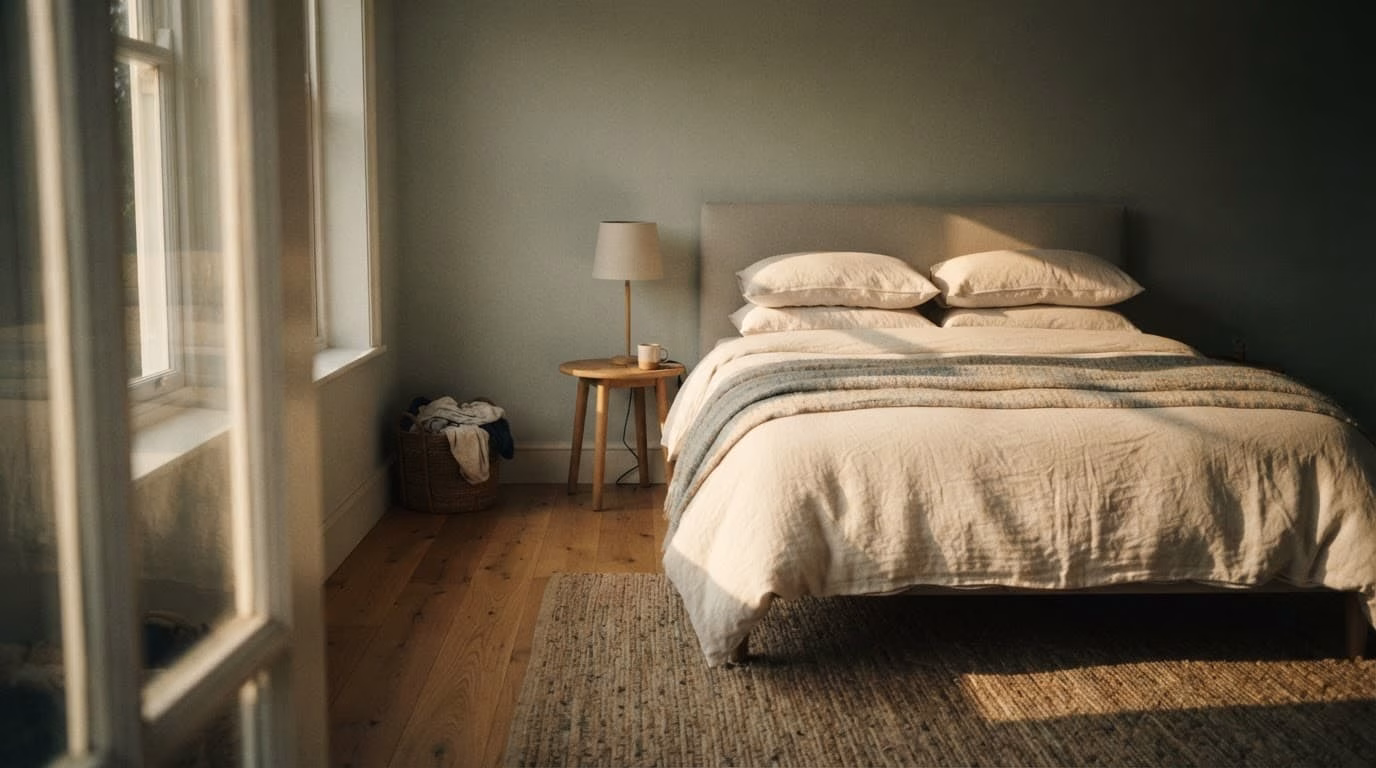 A neatly made bed and wooden floor illuminated by warm morning sunlight.