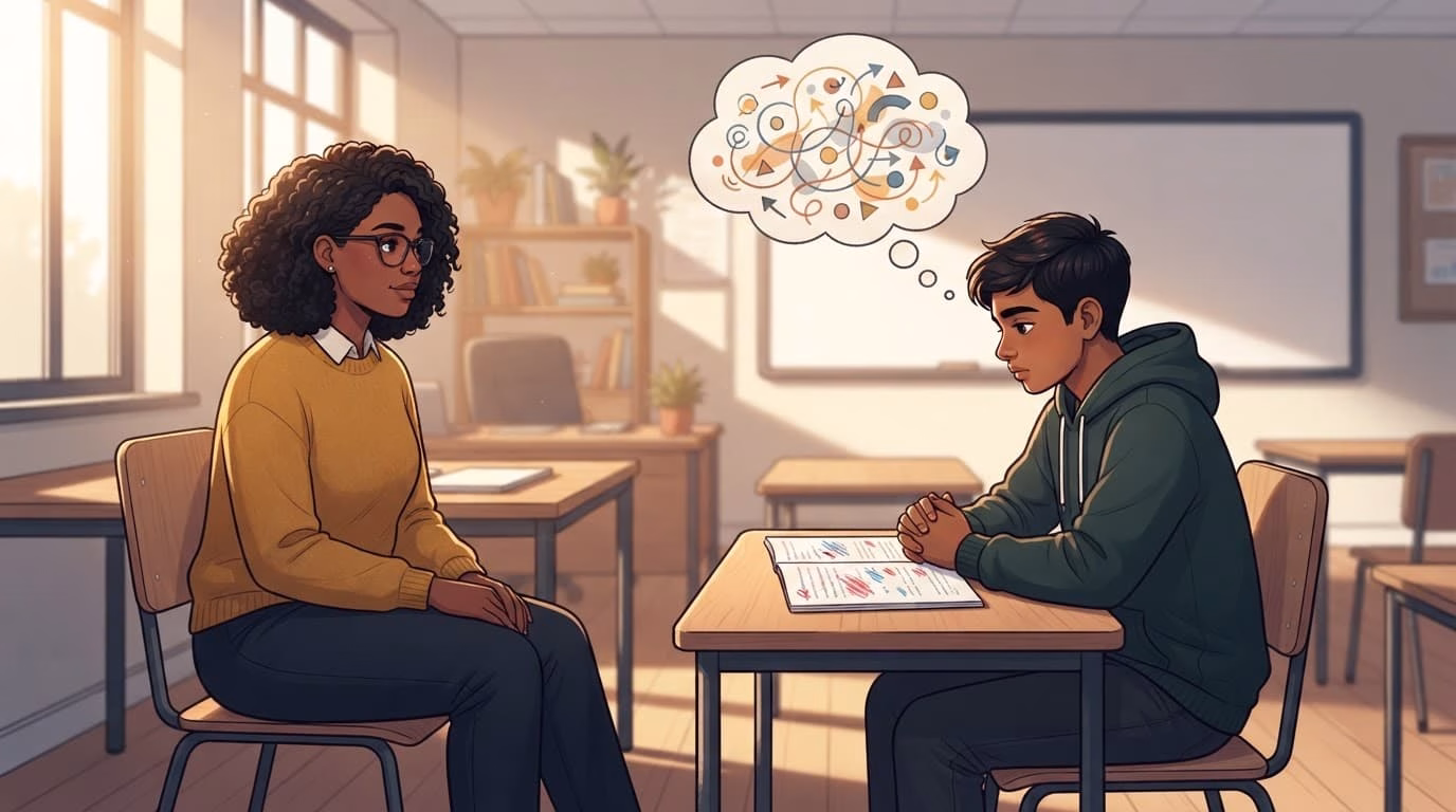 A teacher watches a student reflect on a marked paper in a sunny classroom.