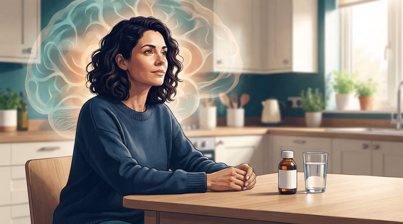 An adult considers a blood test at a kitchen table with vitamin D and water nearby.
