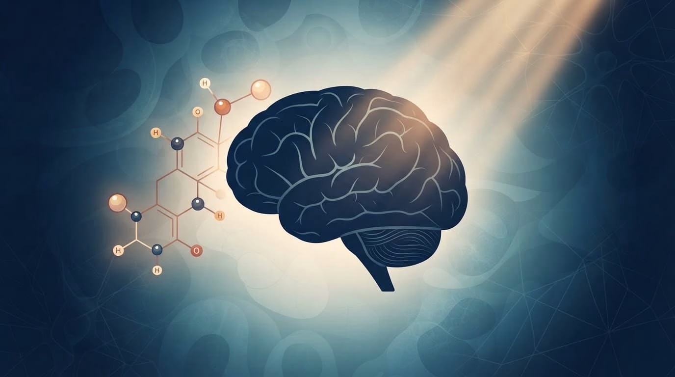 Brain silhouette beside a vitamin D molecule motif and a soft beam of light.
