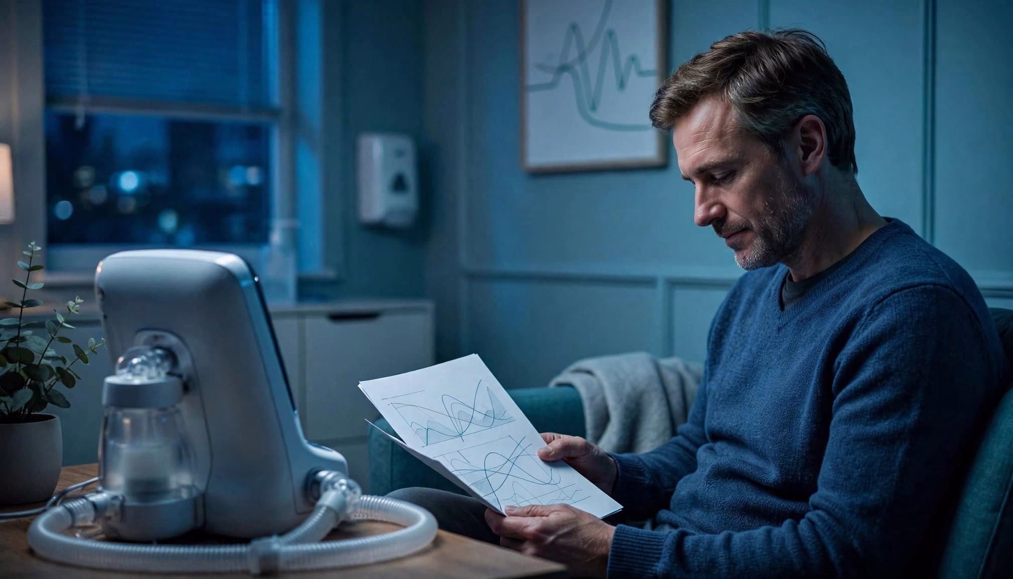 A patient reviews a report beside a PAP device.