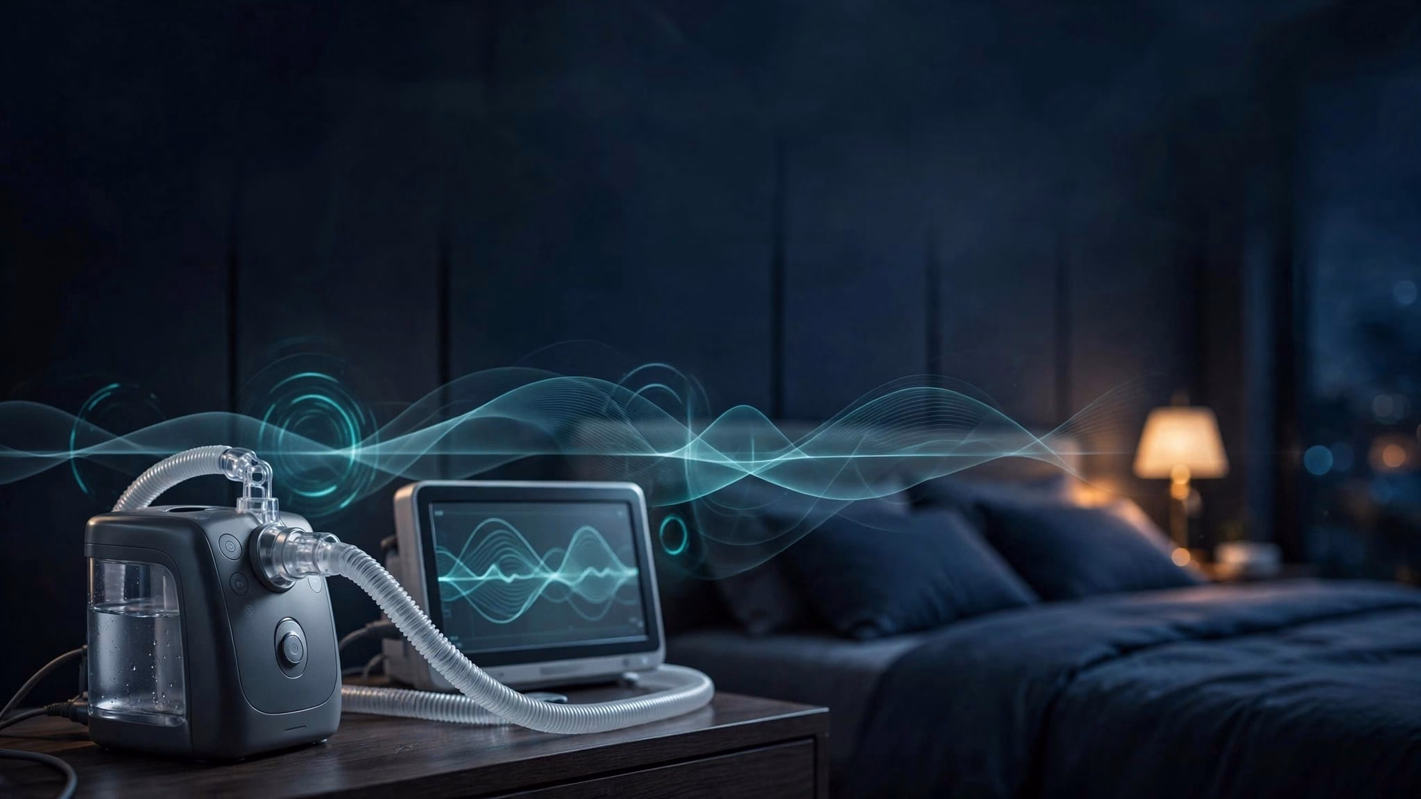CPAP machine and waveform monitor beside a neatly made bed at night.