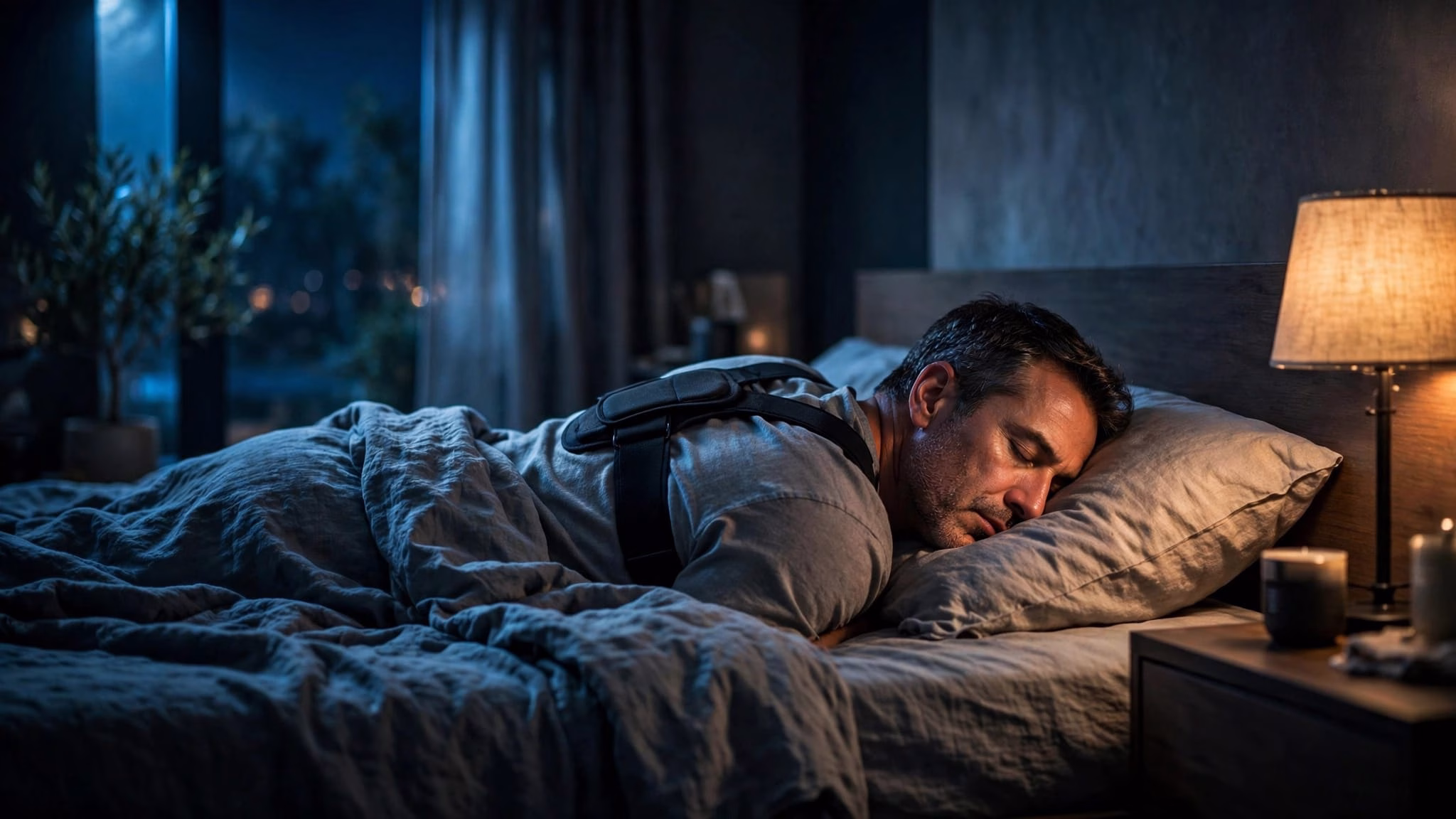 Man sleeping on his side with a positional therapy device in a softly lit bedroom.