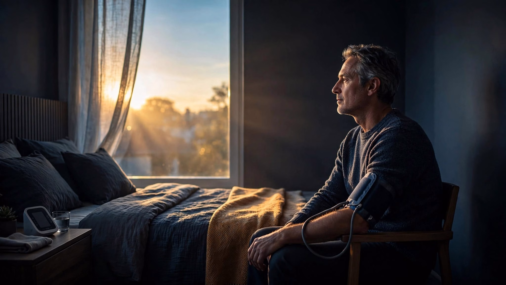 Adult wearing a blood pressure cuff beside a bed at dawn.