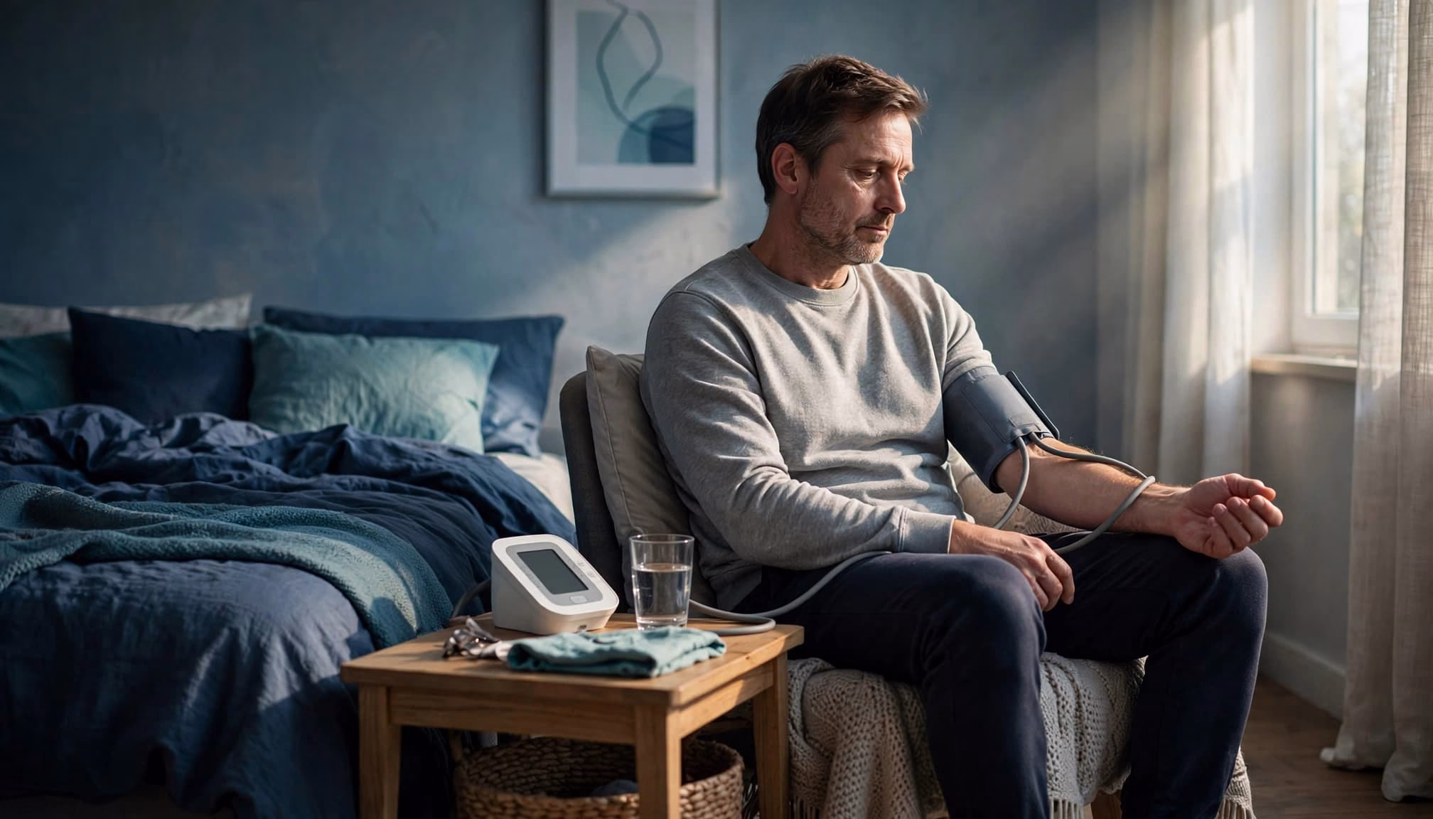 An adult checks blood pressure beside a bed after a poor night's sleep.