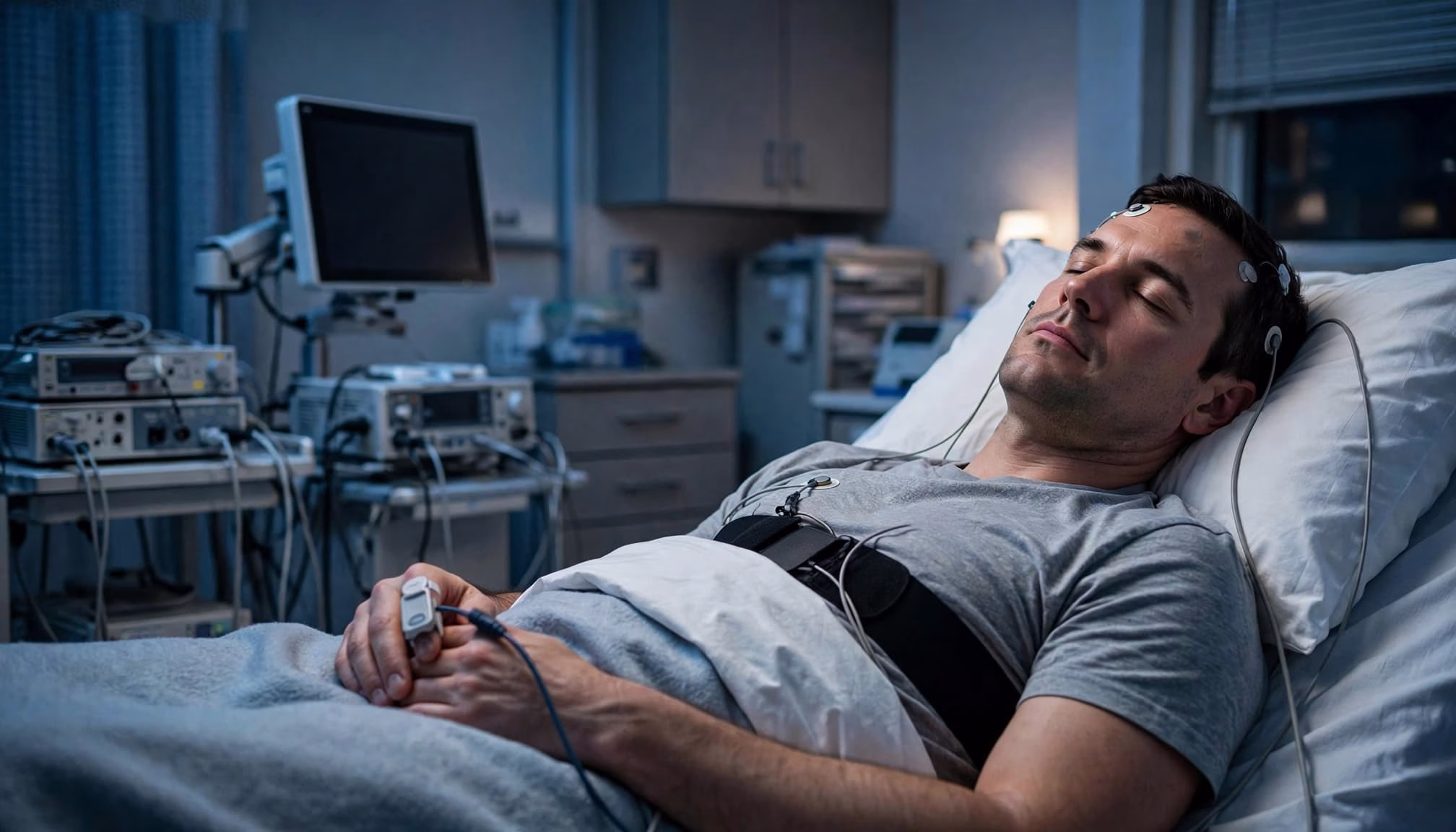 An adult rests in bed during an overnight sleep study with sensors and medical equipment nearby.