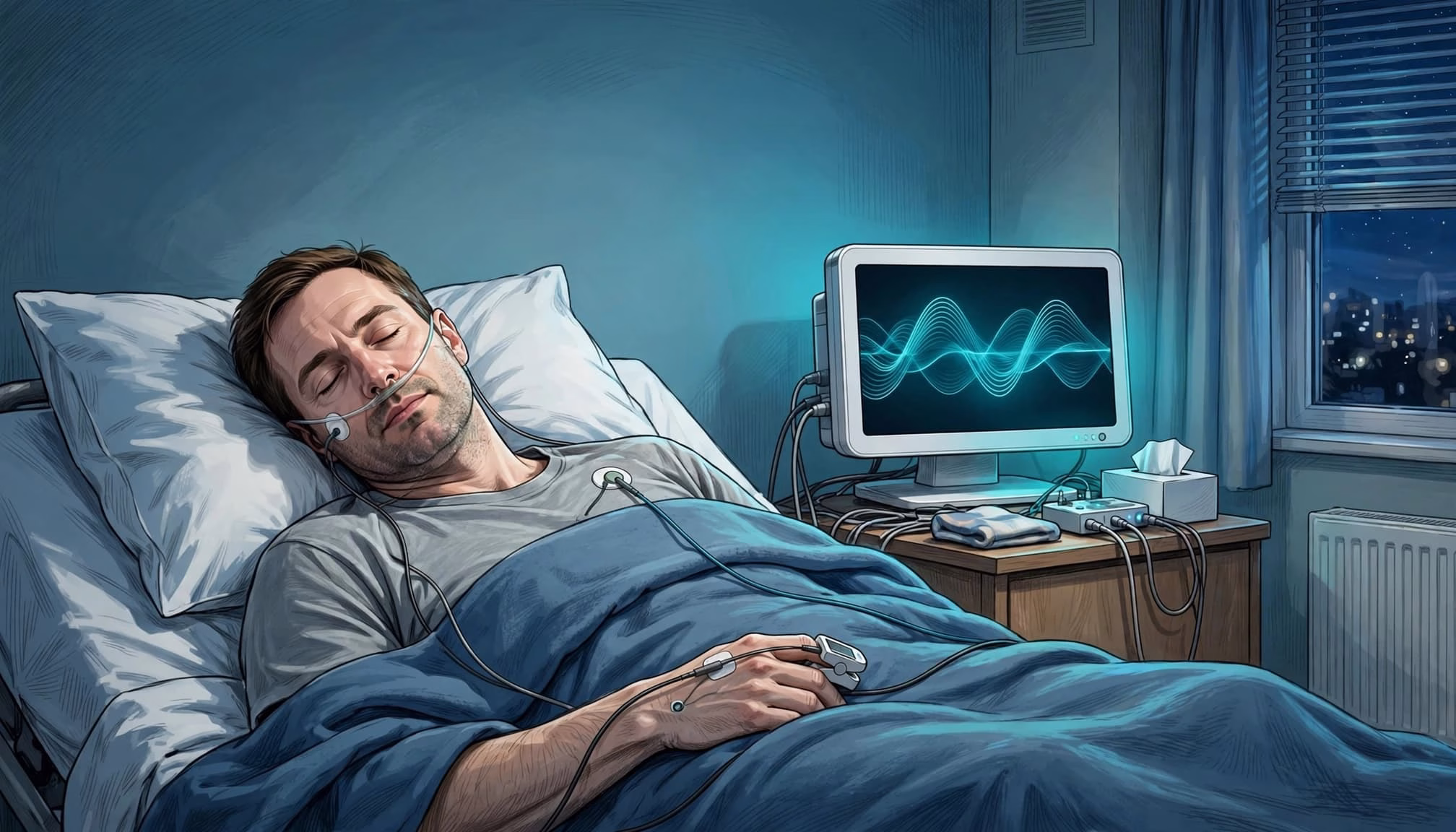 Sleeping patient connected to subtle sensors beside a bedside monitor.