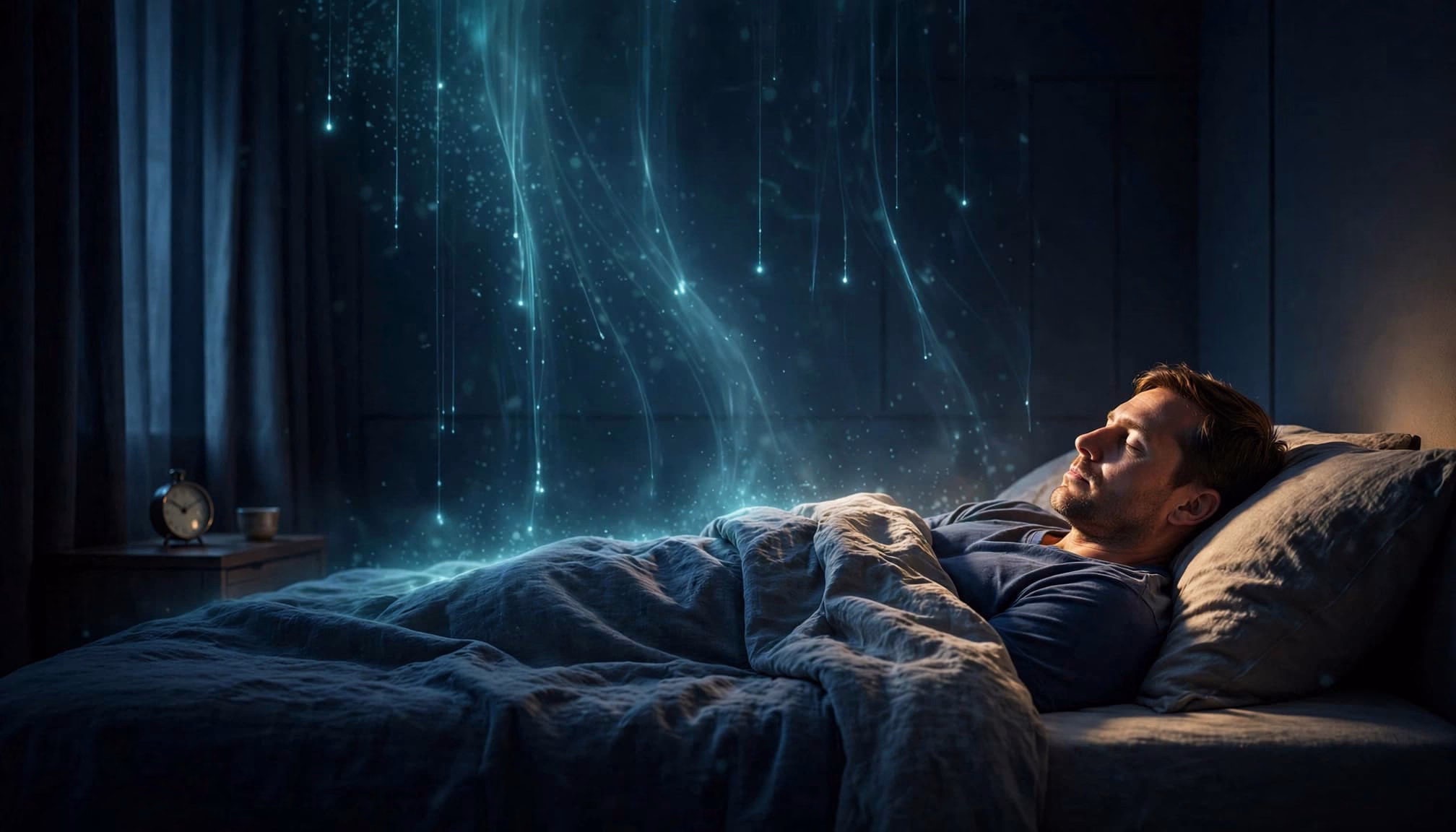 A sleeping adult surrounded by soft descending light in a dark bedroom.
