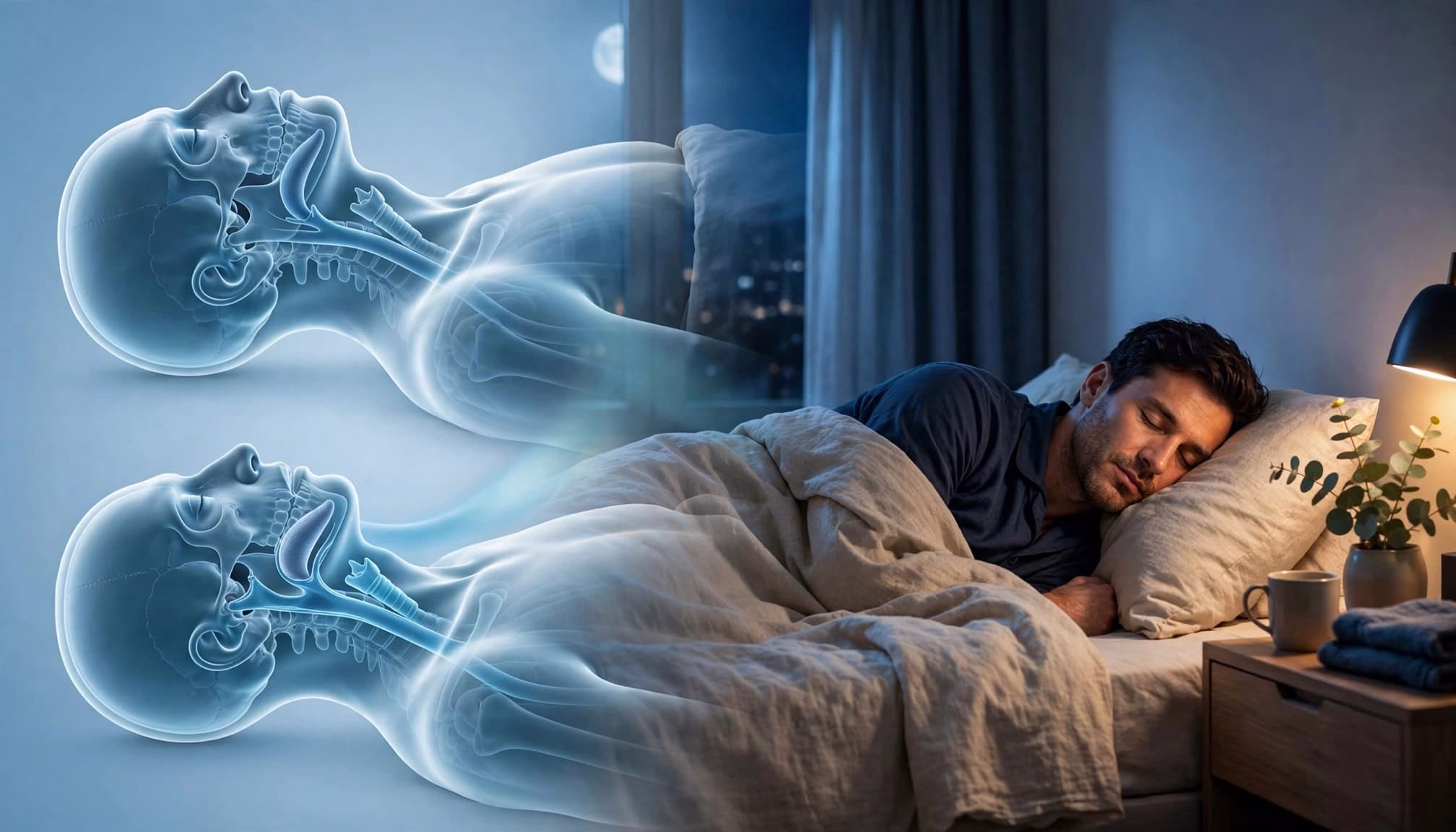Adult sleeping on their side with an anatomical overlay showing an open airway.