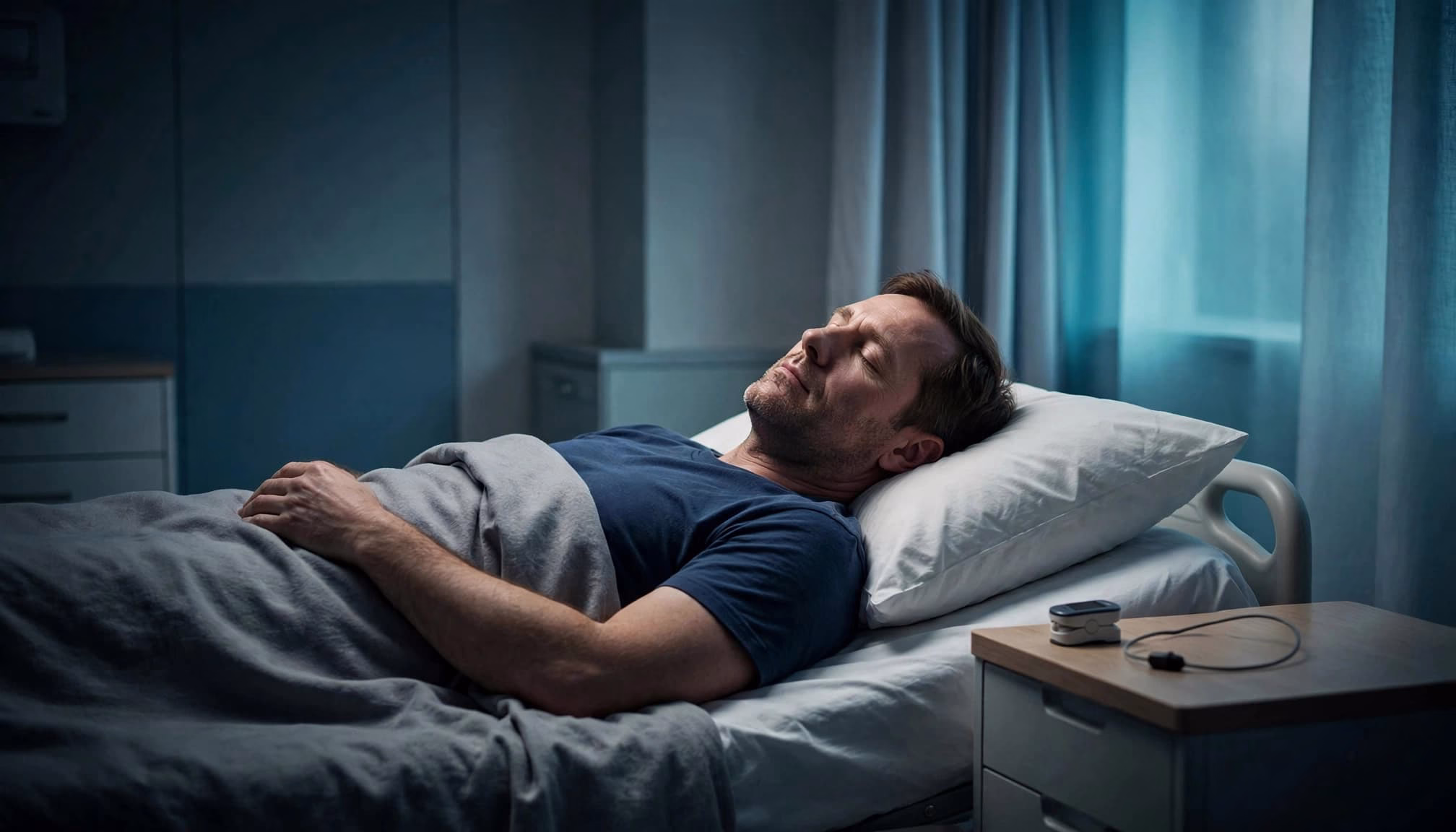 An adult rests in a sleep clinic beside a simple monitoring sensor.