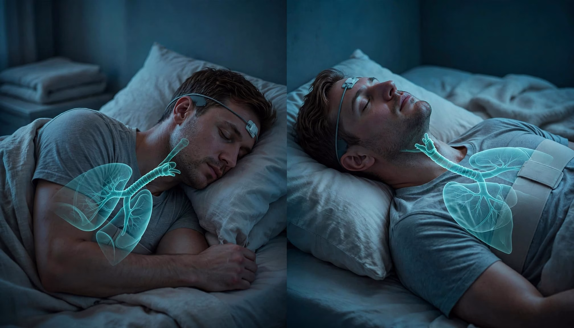 Split illustration of one adult sleeping on their side and back with visible airway anatomy.