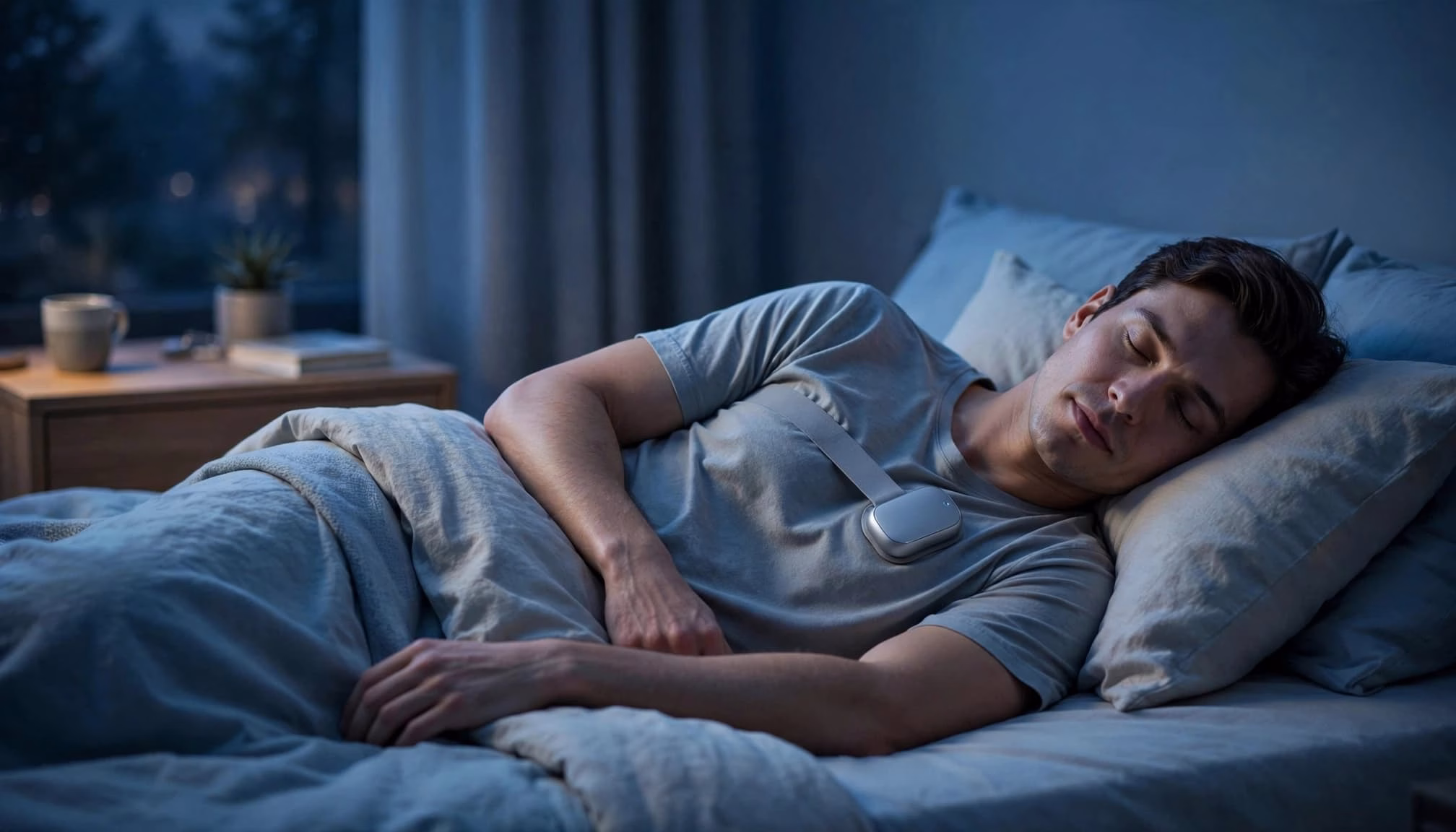 An adult side-sleeping with a small wearable on their chest in a blue bedroom.